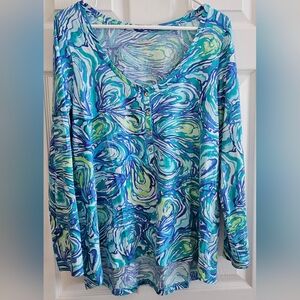 Lilly Pulitzer Medium Tunic Top V-neck long sleeve blue green beachy